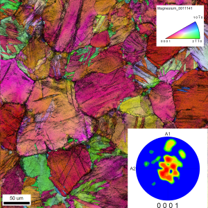 Mapa rozkładu orientacji krystalograficznych z nałożonym obrazem jakościowym i tekstura stopu magnezu ZE41D